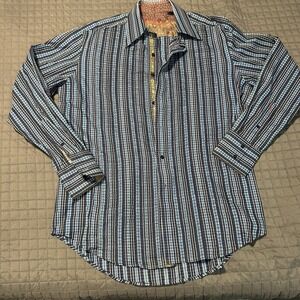 Robert Graham Blue Yellow Geometric Flip Cuff Button Dress Shirt Size Medium